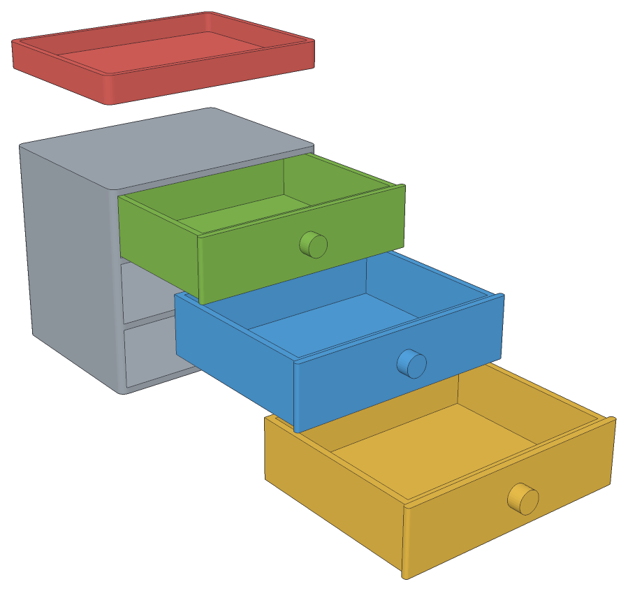 Exploded desk cabinet: the shell, three drawers and a lid tray, each a separate coloured part